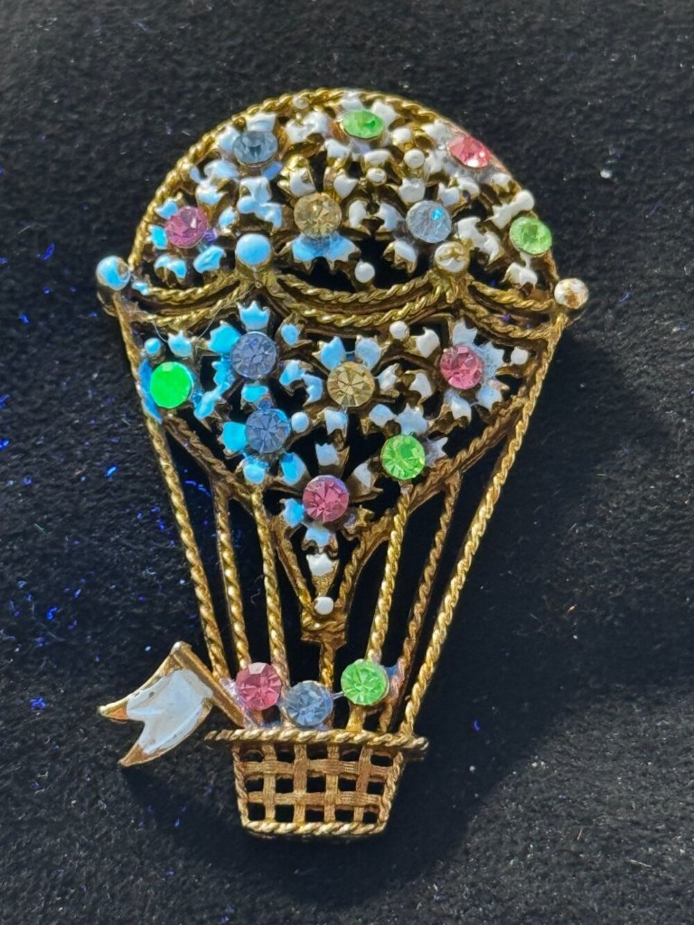 Vintage Hot Air Balloon Brooch Pastel Rhinestone Enamel Gold Tone Figural Pin - Picture 5 of 5